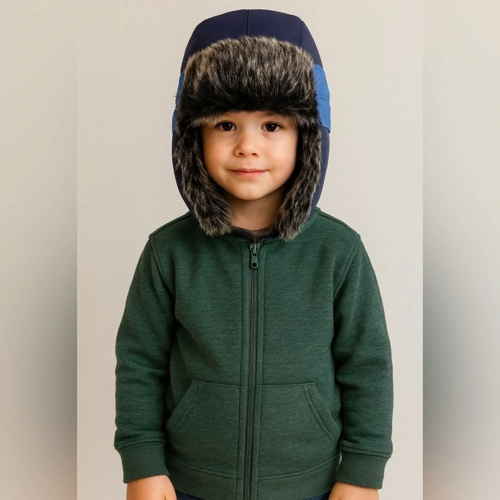 Kids Navy and Black Fur-Lined Hat